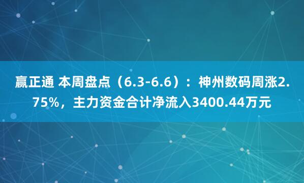 赢正通 本周盘点（6.3-6.6）：神州数码周涨2.75%，主力资金合计净流入3400.44万元